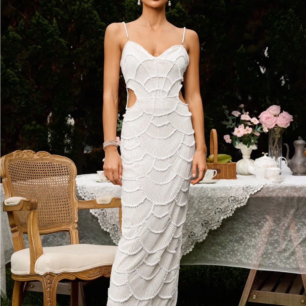 Bella Barnett White Beaded Maxi Dress with Cutouts - Elegant Evening Gown